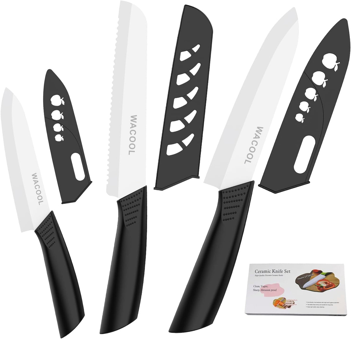 WACOOL Ceramic Knife Set 3-Piece (Includes 6-inch Chef's Knife, 6-inch Bread Knife and 4-inch Fruit Paring Knife), with 3 Knife Sheaths for Each Blade (Black Handle with Bread Knife)