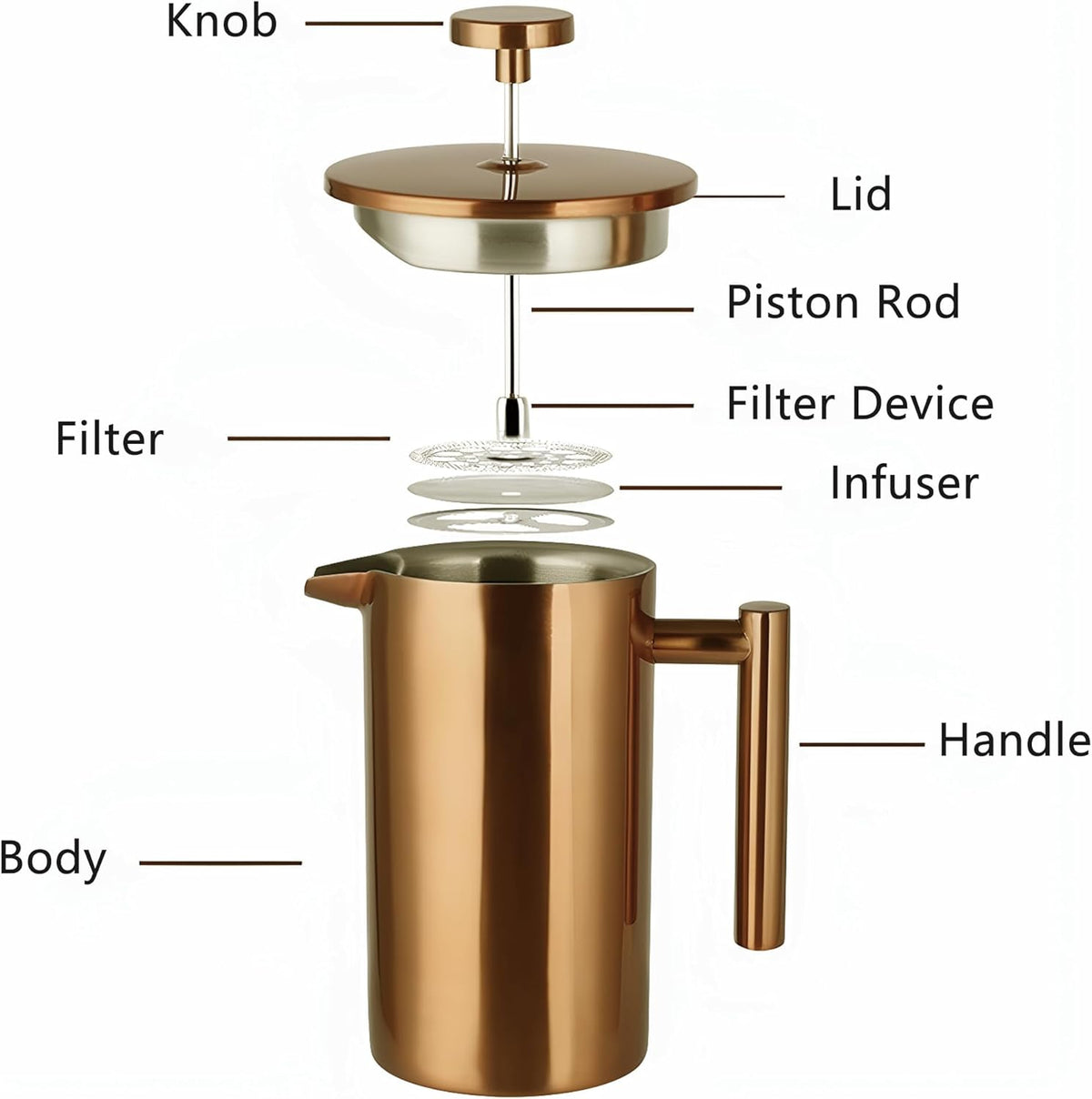 YJX 34oz Coffee Maker, Stainless Steel French Press, 1 Liter Camping Coffee Pot, Tea Maker, 34 Ounce Travel Coffee Presses, Heat Resistant Double Insulated (Coppery)