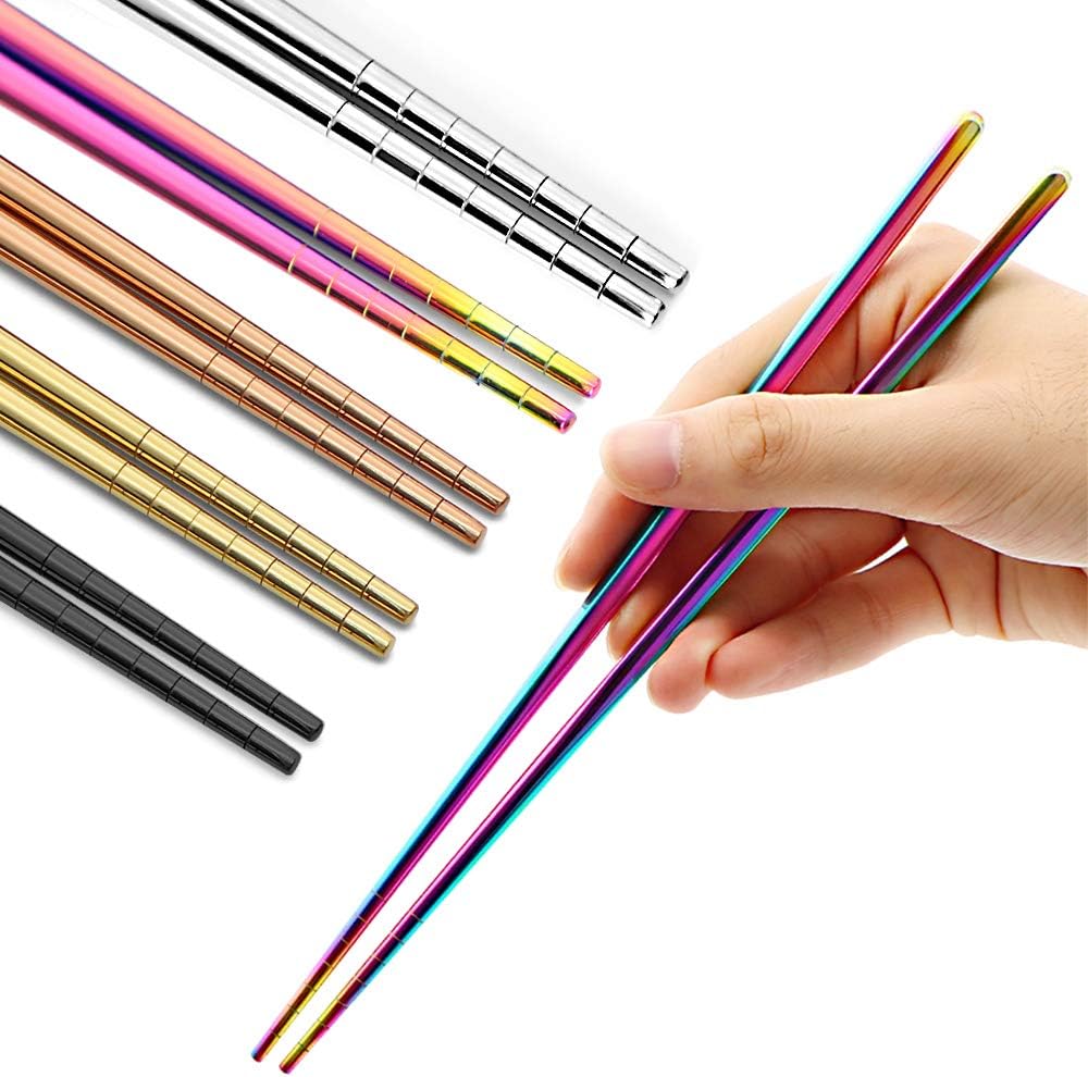 Stainless Steel Chopsticks Reusable Multicolor Lightweight 304 Metal Chopsticks Dishwasher Safe - 5 Pairs (Multi)