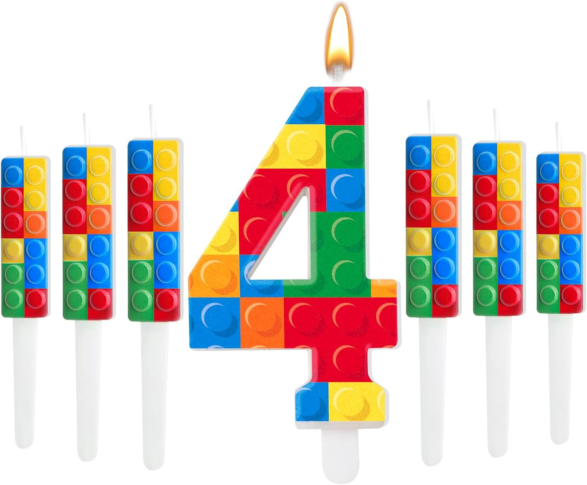 7 Pcs Building Block Themed Birthday Candles Set Building Blocks Number 4 Candle Cake Topper for Building Block Party Decoration Supplies (Number 4)