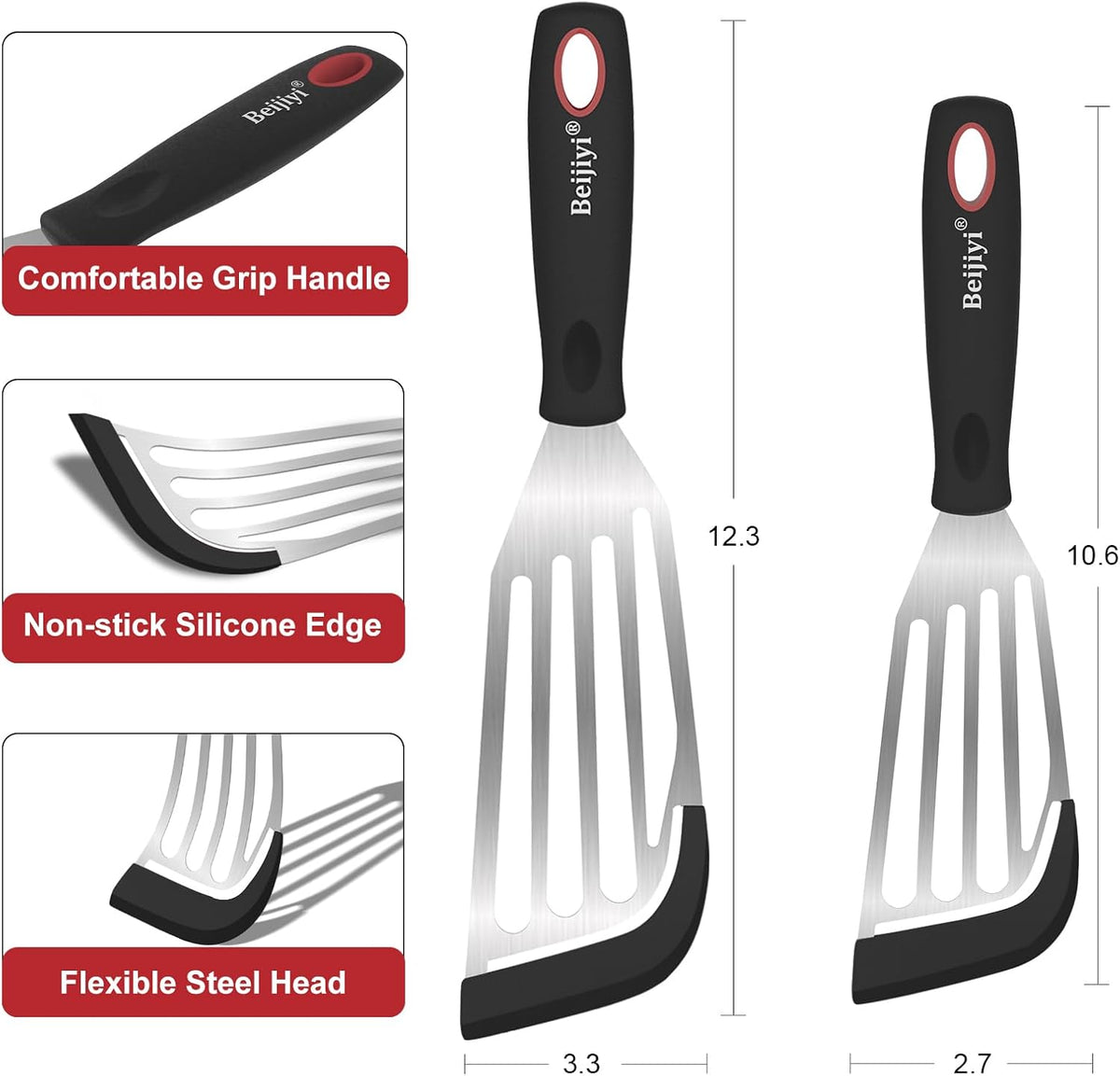 Beijiyi 2-Piece Fish Spatulas Silicone Heat Resistant, Kitchen Spatula Set for Non Stick Frying Pan, Slotted Flexible Fish Turner Cooking Utensils, Large 12.3 In, Small 10.6 In, Black Silicone Edge