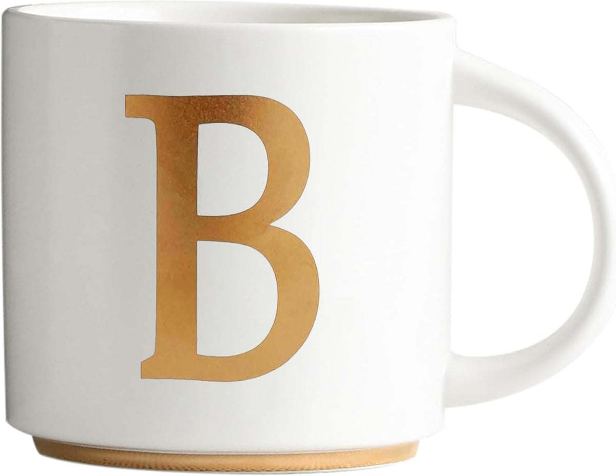 COLLECTIVE HOME - Monogram Ceramic Mugs, 15 oz Golden Initial Coffee Cups, Elegant Alphabet Tea Mugs, Elegant Personalized Mug with Gift Box, Unique Mug with Double Side Capital Letter (B)