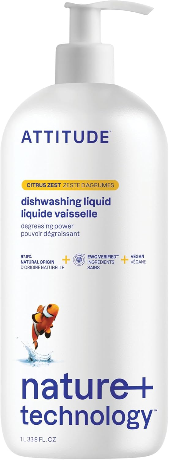 ATTITUDE Dish Soap, EWG Verified, Plant-Based & Vegan Dishwashing Liquid, Naturally Derived, Citrus Zest Scent, 33.8 Fl Oz