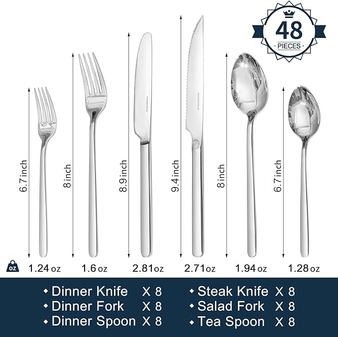 KINGSTONE 48-Piece Silverware Set with Steak Knives, Flatware Set for 8, Stainless Steel Tableware Cutlery Set for Home Restaurant, Mirror Finish,Modern Design