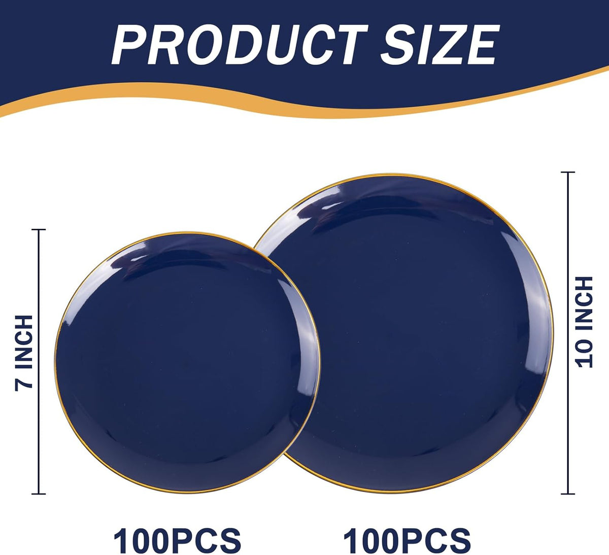 PULOTE 200 Pieces Blue Plastic Plates - Navy Blue and Gold Disposable - Include 100PCS 10 inch Dinner & 100PCS 7 inch Dessert Plate for Party