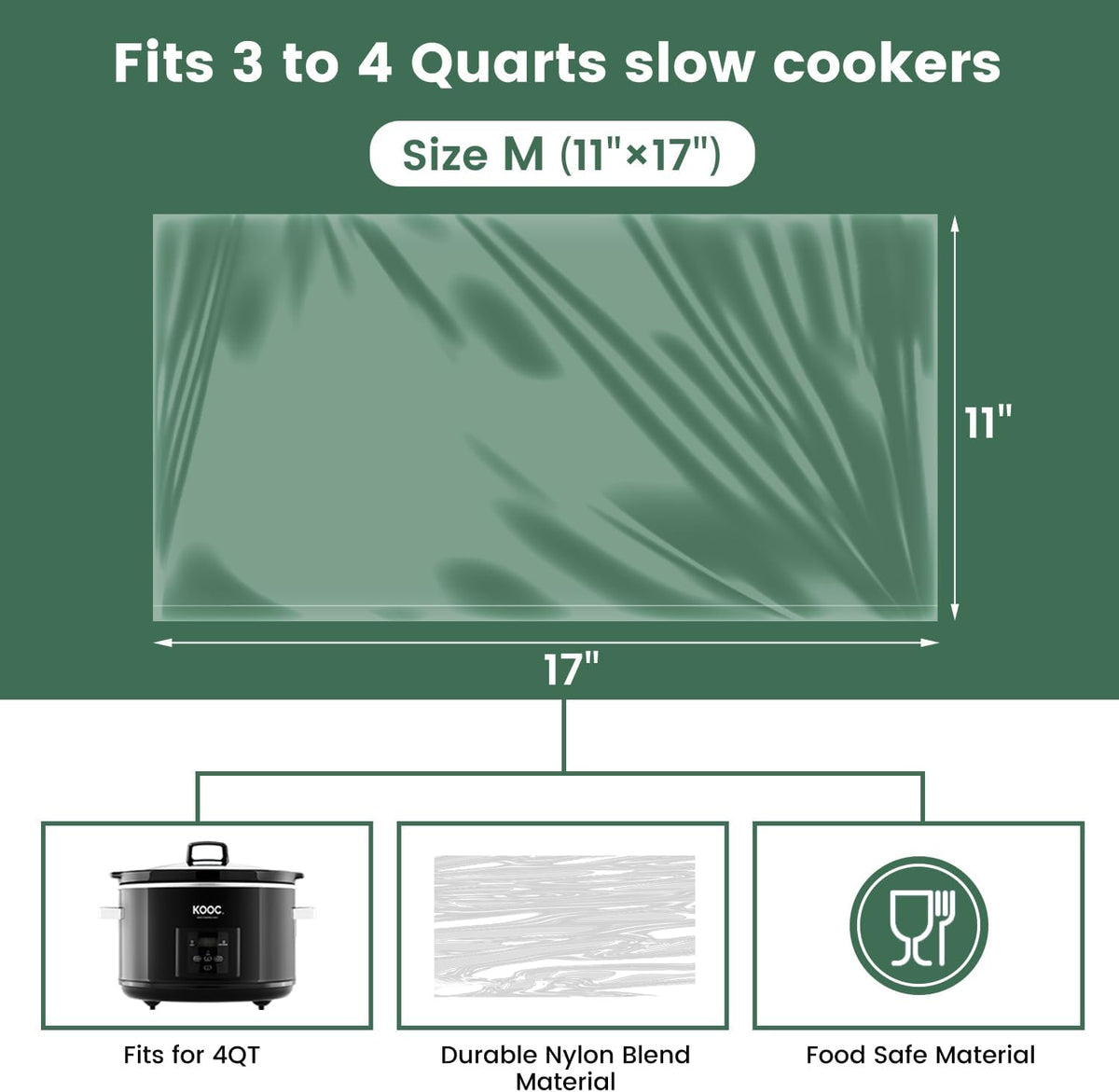 KOOC Slow Cooker Liners 11"x17" 10 count Middle Size Disposable Plastic Bags Pot Liners Cooking Bags Fit 3 qt to 4 qt Pot BPA Free