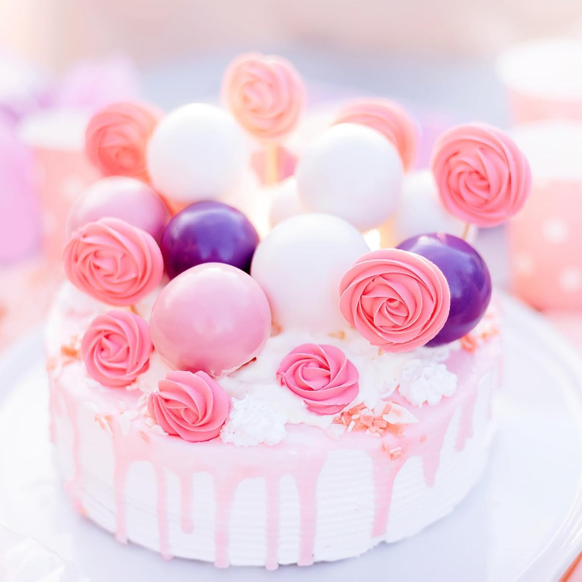 48 Pcs Balls Cake Topper Decorations Balloon Cupcake Toppers Foam Cake Topper Balls Cake Balls Decorations for Birthday Party Wedding Anniversary Cake Decorating (Pink, Purple, White, Gold)