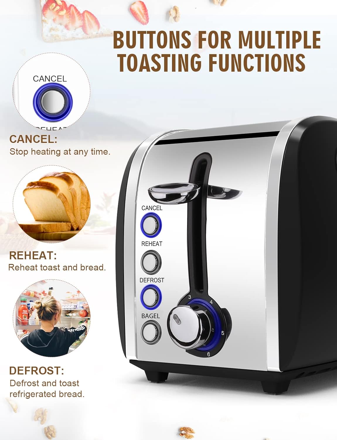 Toaster 2 Slices, Stainless Steel JEWJIO Retro Toaster with 1.5" Extra Wide Slot for 6 Bread Shades Setting/Bagel/Defrost/Reheat/Cancel Function/Removable Crumb Tray 800W, Matte Black