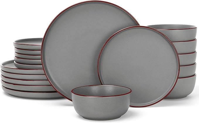 Famiware Mercury Plates and Bowls Sets, 18 Pieces Stoneware Dinnerware Sets, Dishes Set for 6, Microwave and Dishwasher Safe, Dark Grey