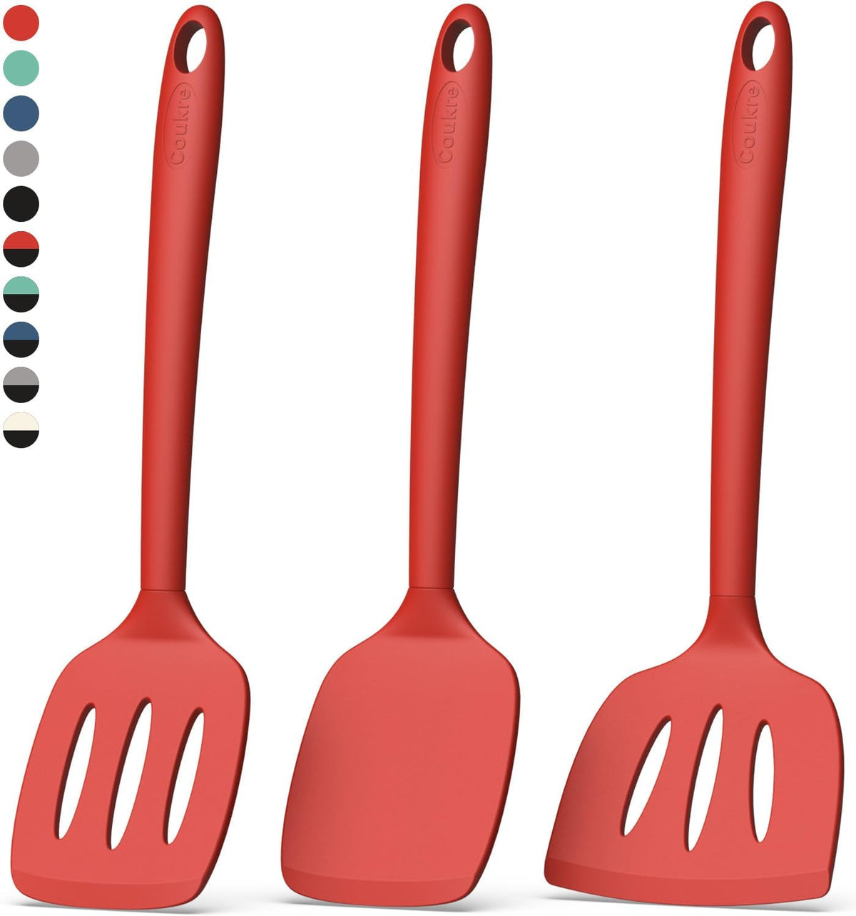 Coukre Silicone Spatula Set of 3, High Heat Resistant, BPA-Free, Kitchen Utensils, Fish Spatula, Solid & Slotted Turner for Non-Stick Pans, Flipping Eggs, Pancakes, Fish, Burgers (3, PureRed)