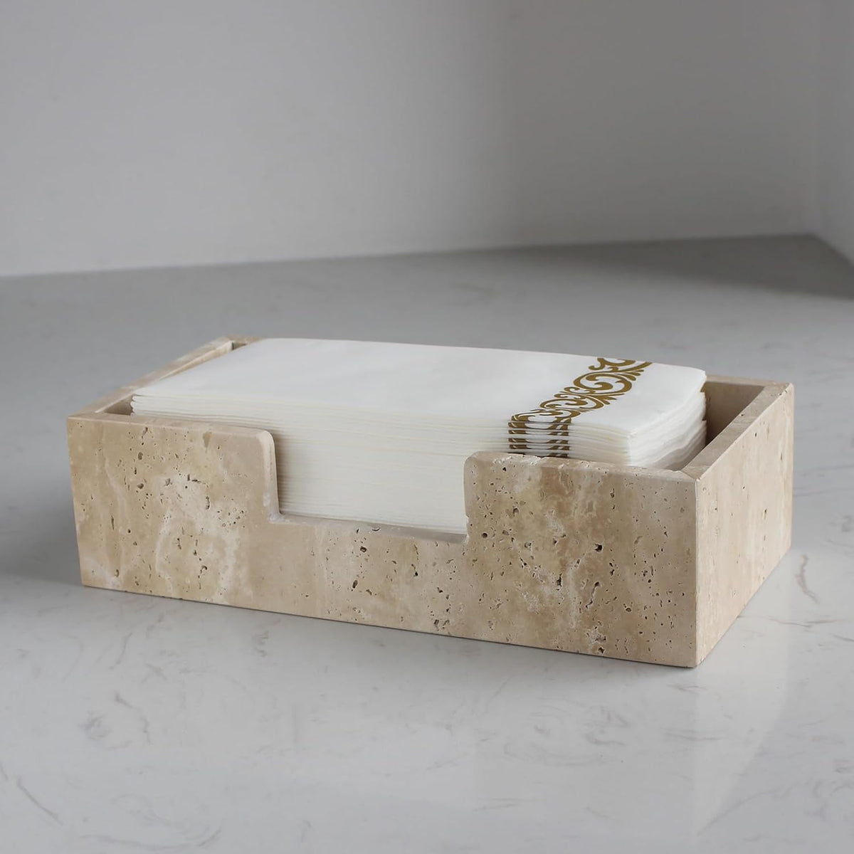 Natural Travertine Napkin Holder 9.8"x4.9"x2.8", Guest Towel Holder, Paper Hand Basket for Bathroom/Kitchen/Restaurant