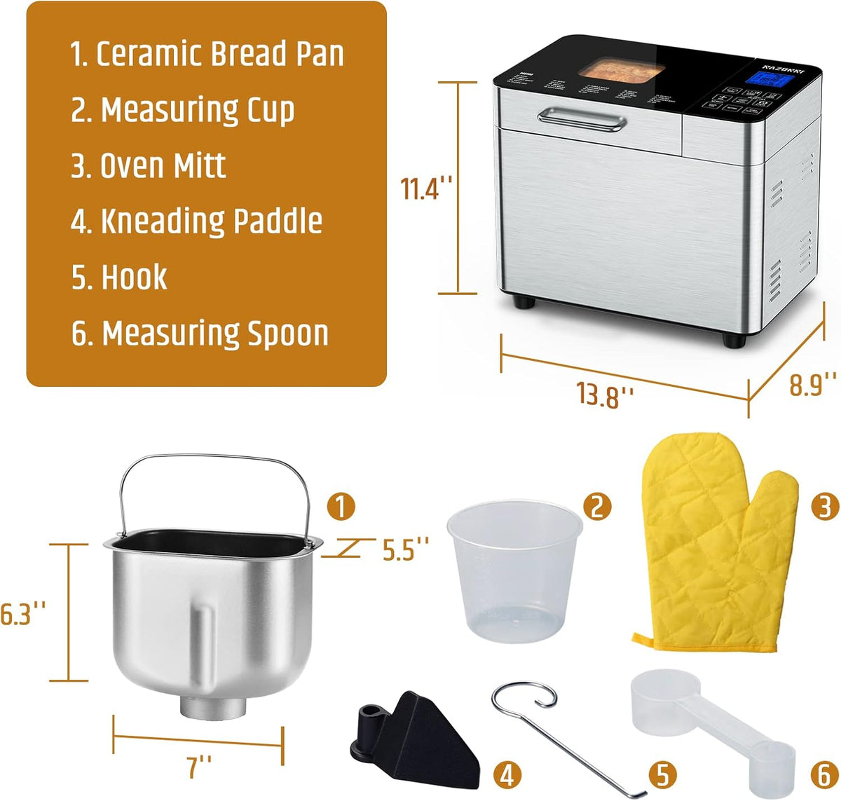 Razorri Bread Maker Machine Stainless Steel UL Certified, Nonstick Bread Pan, Homemade 2Lbs Breadmaker, Gluten-Free Setting, 15H Delayed-start, 1H Keep Warm, 3 Crust Colors and 3 Loaf Sizes