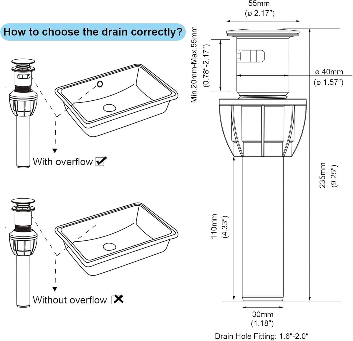 Bathroom Sink Drain, Pop Up Drain Stopper with Overflow, Lavatory Vanity Vessel Sink Drain Assembly, Chrome