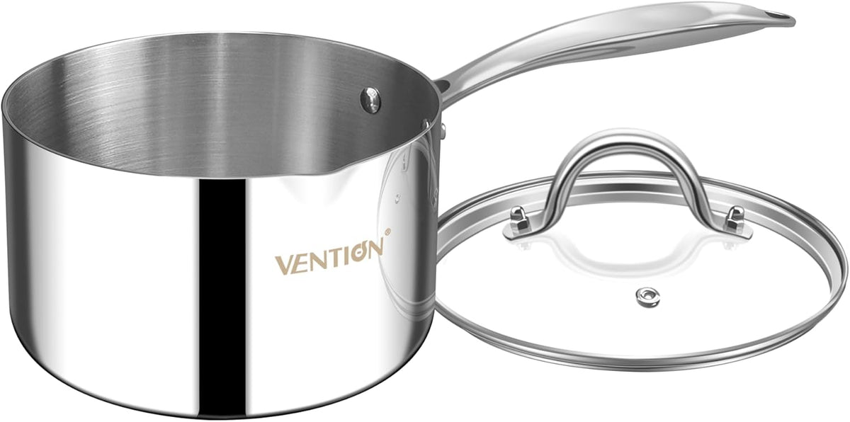 VENTION Tri-Ply Stainless Steel 1 Quart Saucepan with Lid, Bright Small Sauce Pan with Pour Spout, Small Pots for Cooking, Right Hand