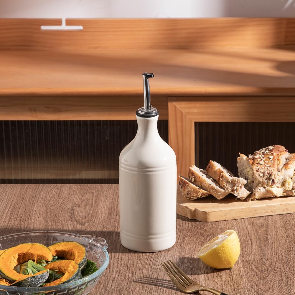Sweejar Ceramic Olive Oil Dispenser Bottle, Opaque Oil Cruet Protects Oil to Reduce Oxidation, Suitable for Storage Oil, Vinegar, Coffee Syrups & Other Liquids, Pack of 1, 15.5 Fl Oz (Beige)