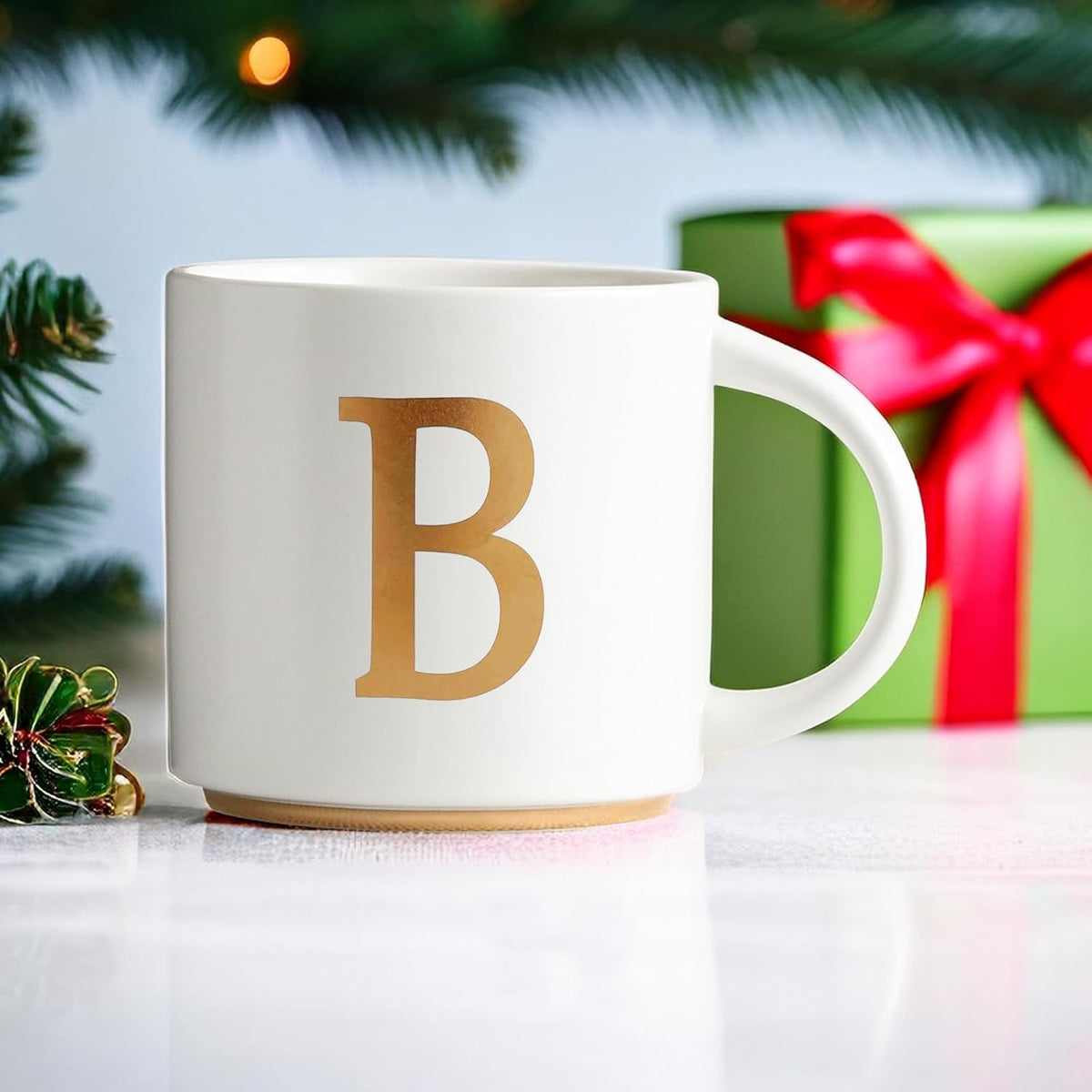 COLLECTIVE HOME - Monogram Ceramic Mugs, 15 oz Golden Initial Coffee Cups, Elegant Alphabet Tea Mugs, Elegant Personalized Mug with Gift Box, Unique Mug with Double Side Capital Letter (B)