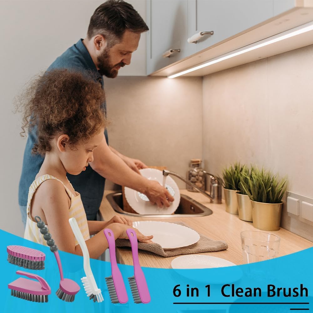 6 PCS Cleaning Brush, Scrub Brush Set for Kitchen and Bathroom Household Use with Various Brushes for Cleaning Dishes, Tiles, Corners and Floors Color Purple