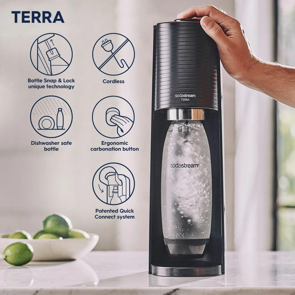 SodaStream - Terra Soda Streaming Machine - STARTER KIT - Sparkling Water Maker with CO2 & Bubly Drop - Eco-Friendly, No Batteries Needed - Black