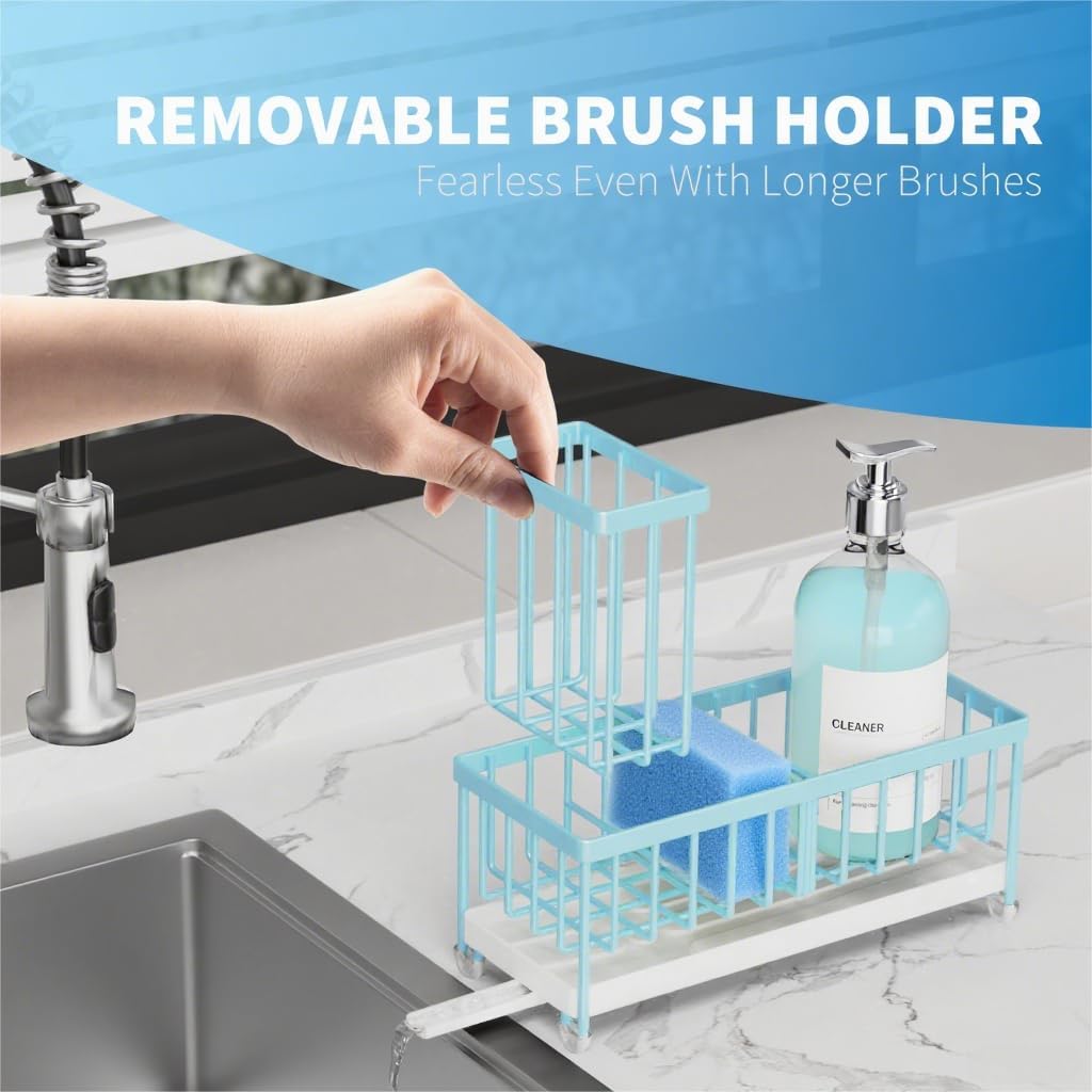 Cisily Blue Sponge Holder for Kitchen Sink, Sink Caddy Organizer with High Brush Holder, Kitchen Countertop Organizers and Storage Essentials, Rustproof 304 Stainless Steel, Soap Dispenser Organize