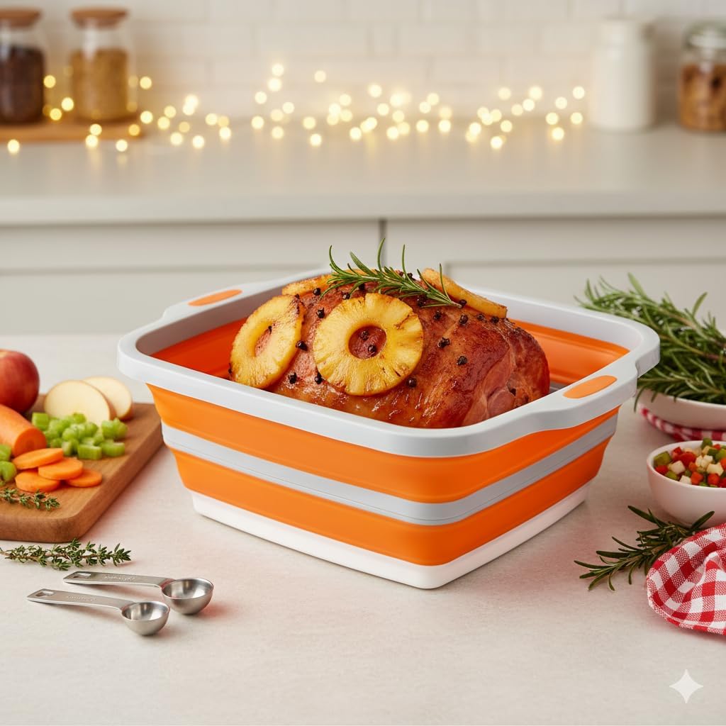 Collapsible Large (8L) BBQ Marinating Tub w/Cutting Board | Multipurpose Food-Grade TPE Prep Tub w/Lid | Built-in Colander & Drain Plug - for Camping | Tailgate | Picnic - Bold Orange