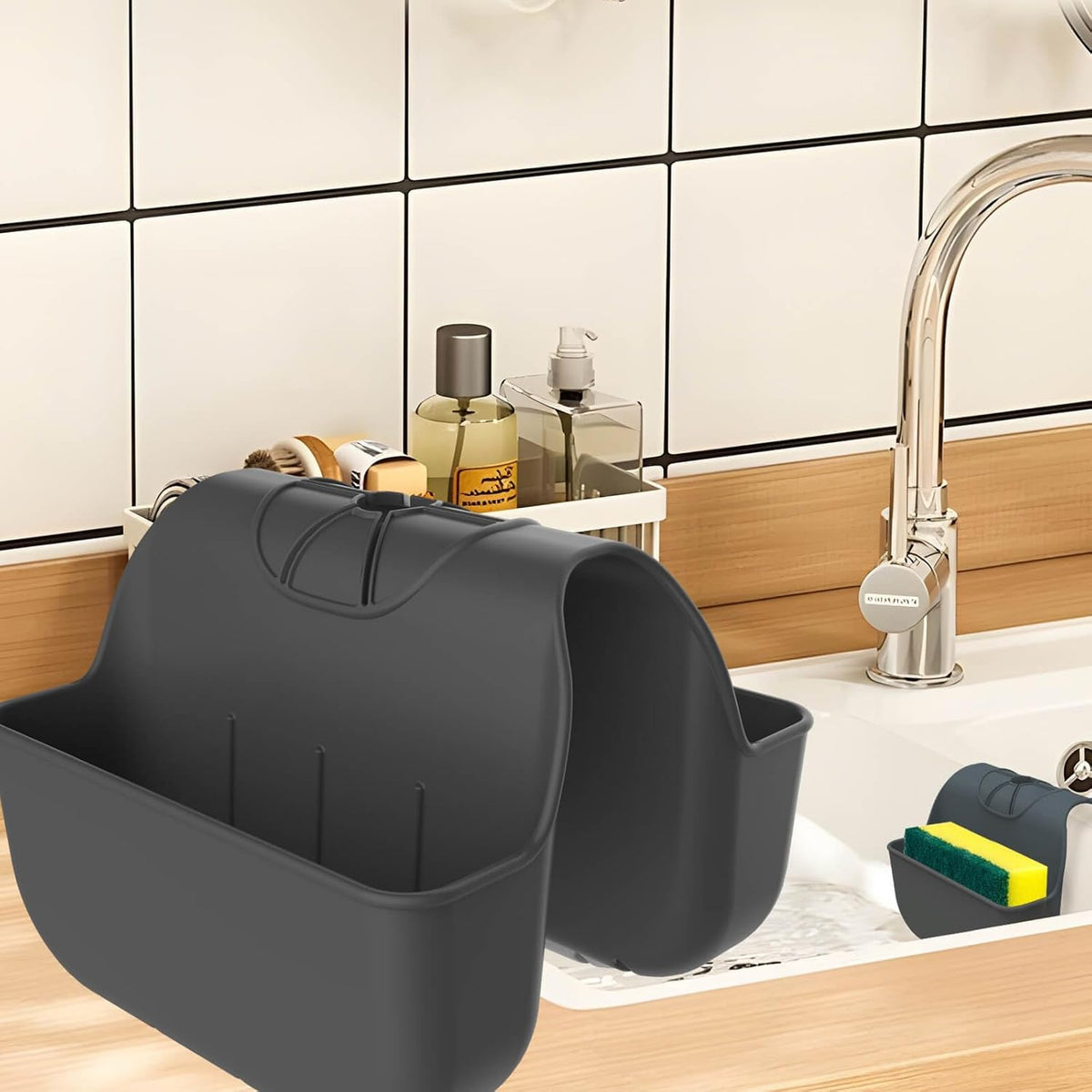 Sponge Holder for Kitchen Sink, Silicone Sink Saddle Caddy Organizer Rack, Sponges Holder Over Faucet, Hanging Kitchen Organizer Accessories Rack Basket Black