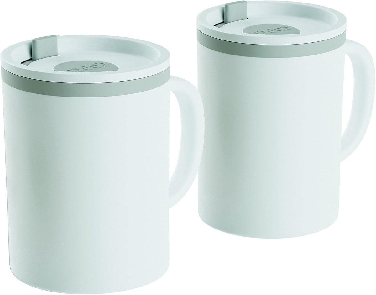 Copco Iconic 16oz Double Wall Insulated Desk Mug with Lid & Handle, Set of 2, BPA-Free Reusable Plastic, Spill-Proof, Microwave & Dishwasher Safe, Wide Mouth, Cup Holder Friendly (Grey)