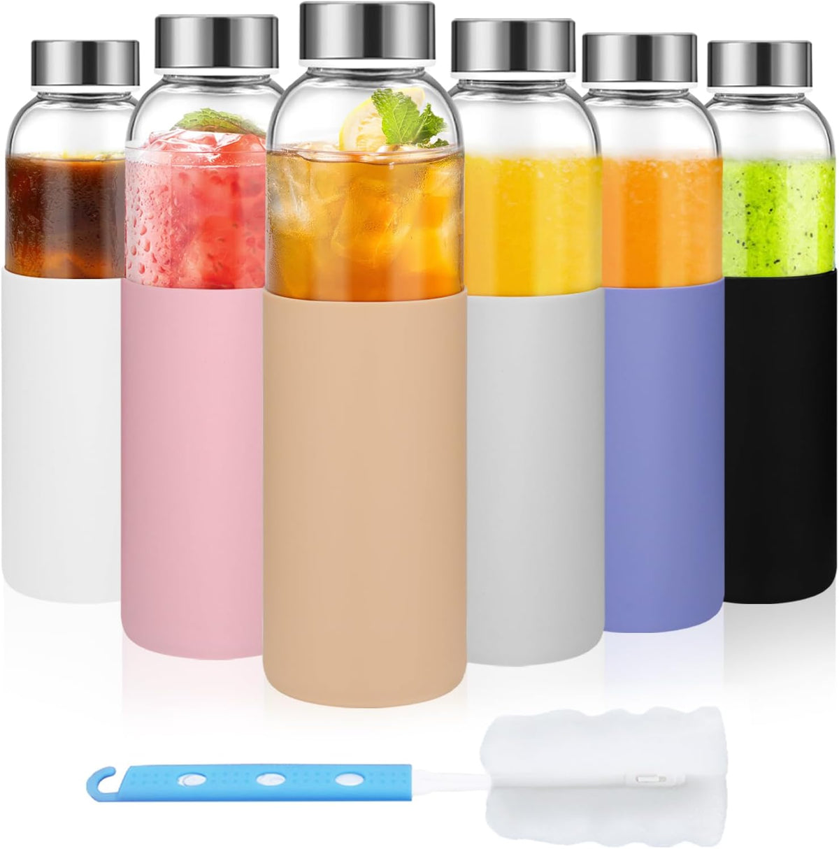 18 oz Clear Glass Juice Bottles with Lids and Silicone Sleeve, Reusable Glass Water Bottles with Stainless Steel Cap for Juicing, Refrigerator,100% Leak Proof, BPA Free, Set of 6