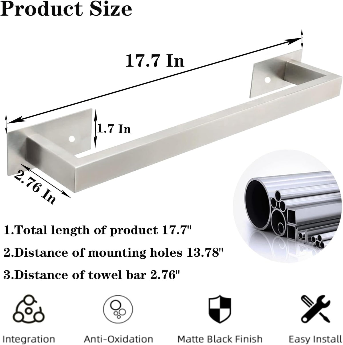 Bathroom Towel Bar Self Adhesive, No Drilling Towel Rack Easy to Install, Hand Towel Holder Made of Premium Stainless Steel Sticky on Hand Towel Hanger for Kitchen, Toilet.(17.7IN, Brushed)