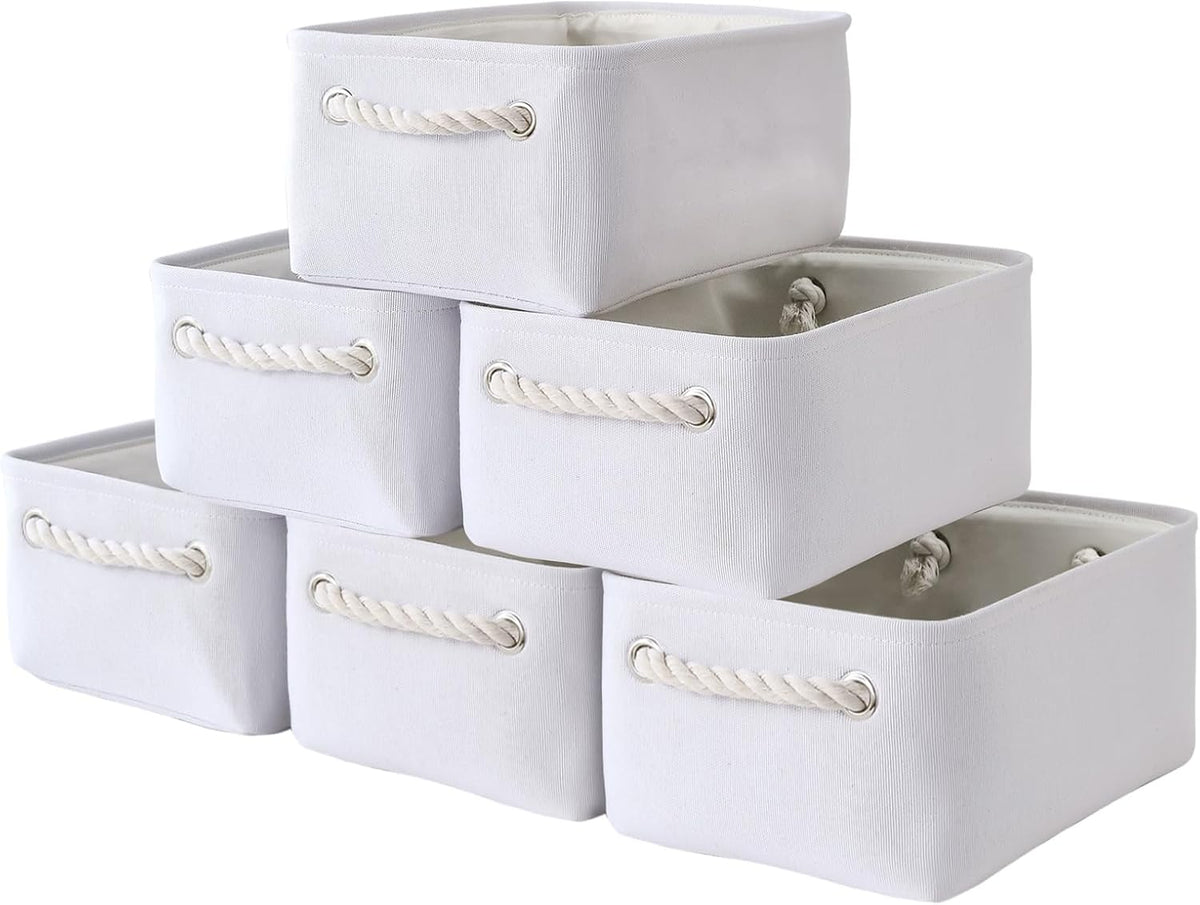 TheWarmHome Storage Basket for Organizing - Small 6 Pack 11.8x7.8x5.2 inch Gifts for Empty with Rope, Fabric Storage Cubes for Decorative Cloth Dog Livehome (White)