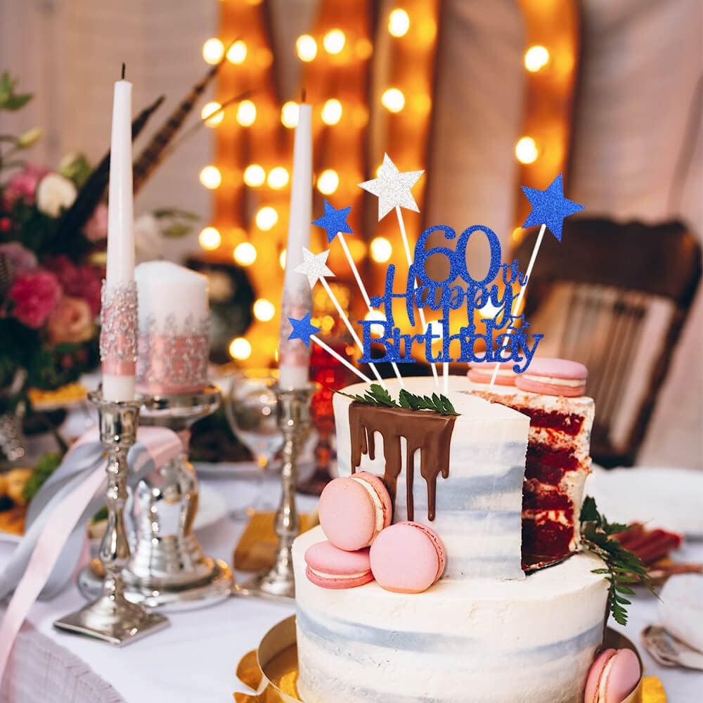 Glittery 60th Happy Birthday Cake Topper with Star,Personalised 60 Birthday Cake Toppers Party Decorations Party Supplies for Men Women Blue