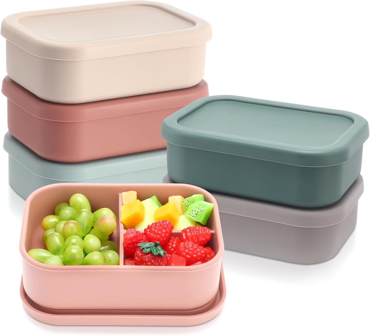 Honeydak 6 Pcs Silicone Bento Box 3 Compartment Reusable Lunch Container Smooth and Leakproof Meal Prep Lunch Box with Lid Stackable Meal Prep Container for Work Travel, 6 Colors(Bright Colors)