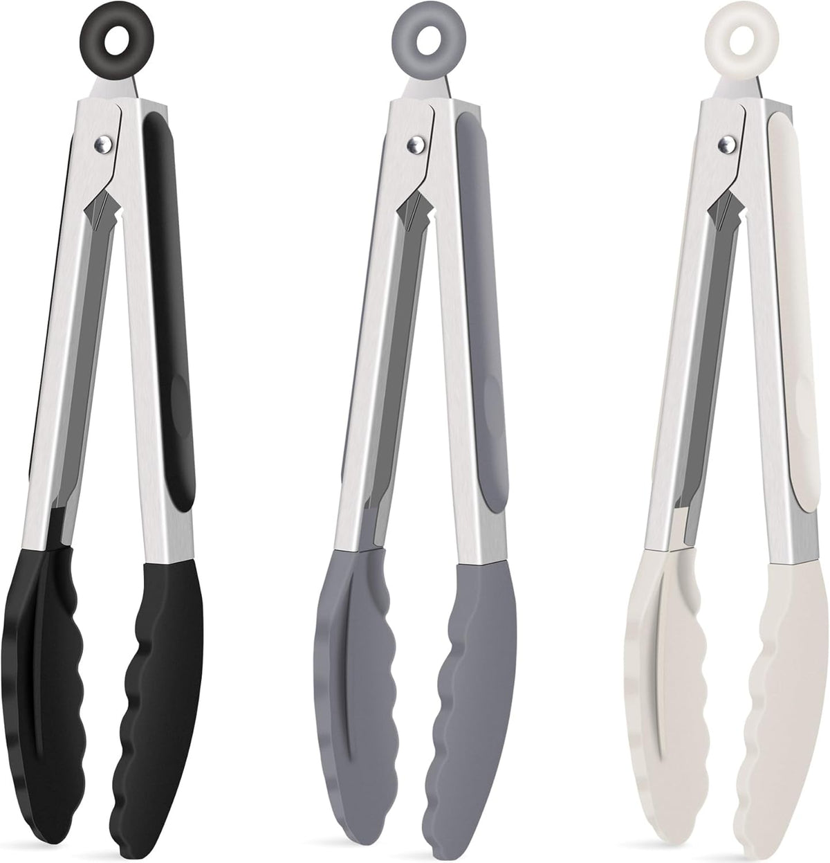 Hotec Silicone Kitchen Tongs for Cooking 9-Inch Serving Tongs with Silicone Tips, Set of 3 (Black Grey Khaki)