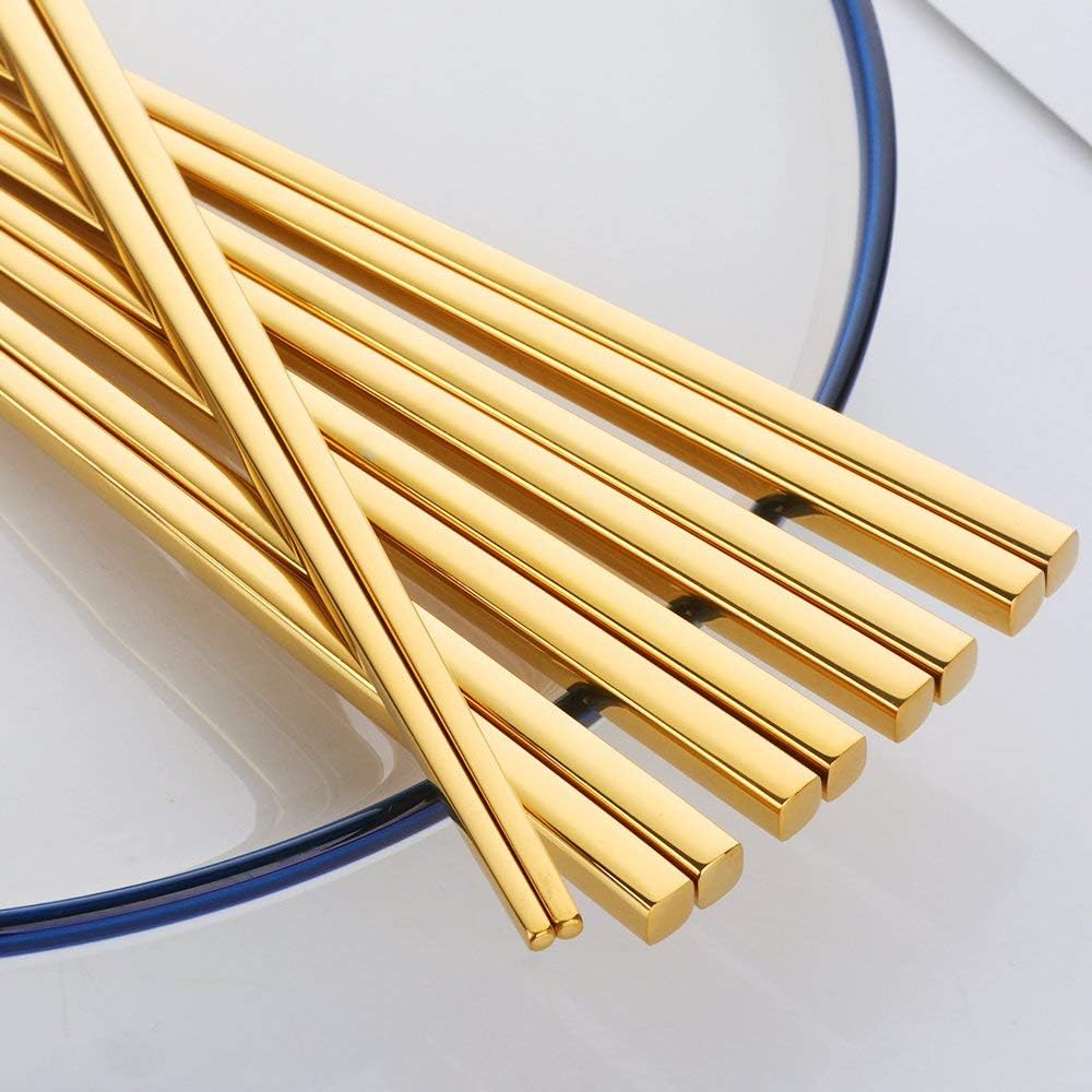 Buyer Star 5-Pair Gold Stainless Steel Chopsticks - Reusable Chinese Square Chopsticks