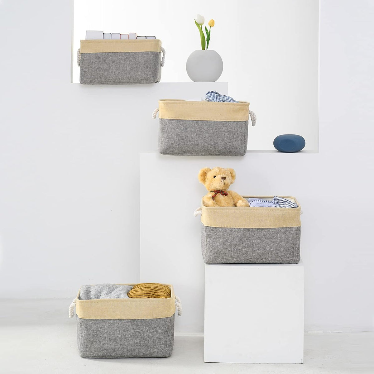 TheWarmHome Storage Basket for Organizing - 3 Pack 14x10x7 inch Large Collapsible Storage Bin for Shelves, Fabric Storage Cubes for Organizer ClosetCloth Gift Toy (Grey & Gold)