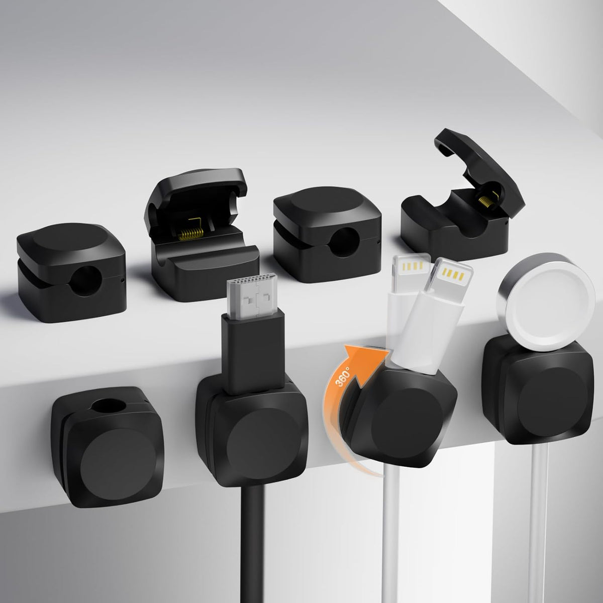 8 Pack Cord Organizer Holder, Rotatable Cable Clips, Spring Cord Holder for Nightstand Adhesive Cable Organizer, Cable Management Clips Charging Cord Organizer for Desk Office Car Wall