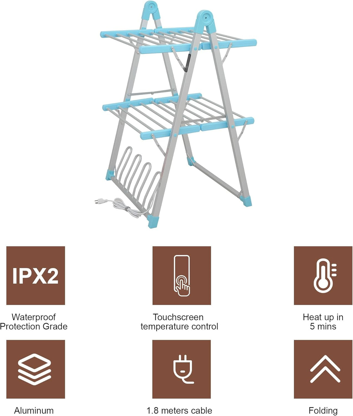 Electric Heated Clothes Drying Rack,Foldable Heated Garment Dryer with Timer Shut-Off Laundry Rack for Clothes Shoes Socks,Aluminum Alloy,Blue,Plug & Play,(39.37x25.98x23.82in)