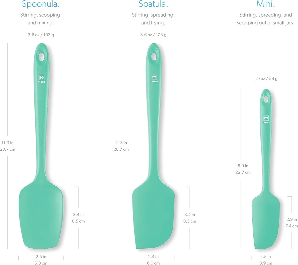 DI ORO Silicone Spatula Set - Rubber Kitchen Spatulas for Baking, Cooking, & Mixing - 600°F Heat-Resistant & BPA Free Silicone Scraper Spatulas for Nonstick Cookware - Dishwasher Safe (3pc, Mint)