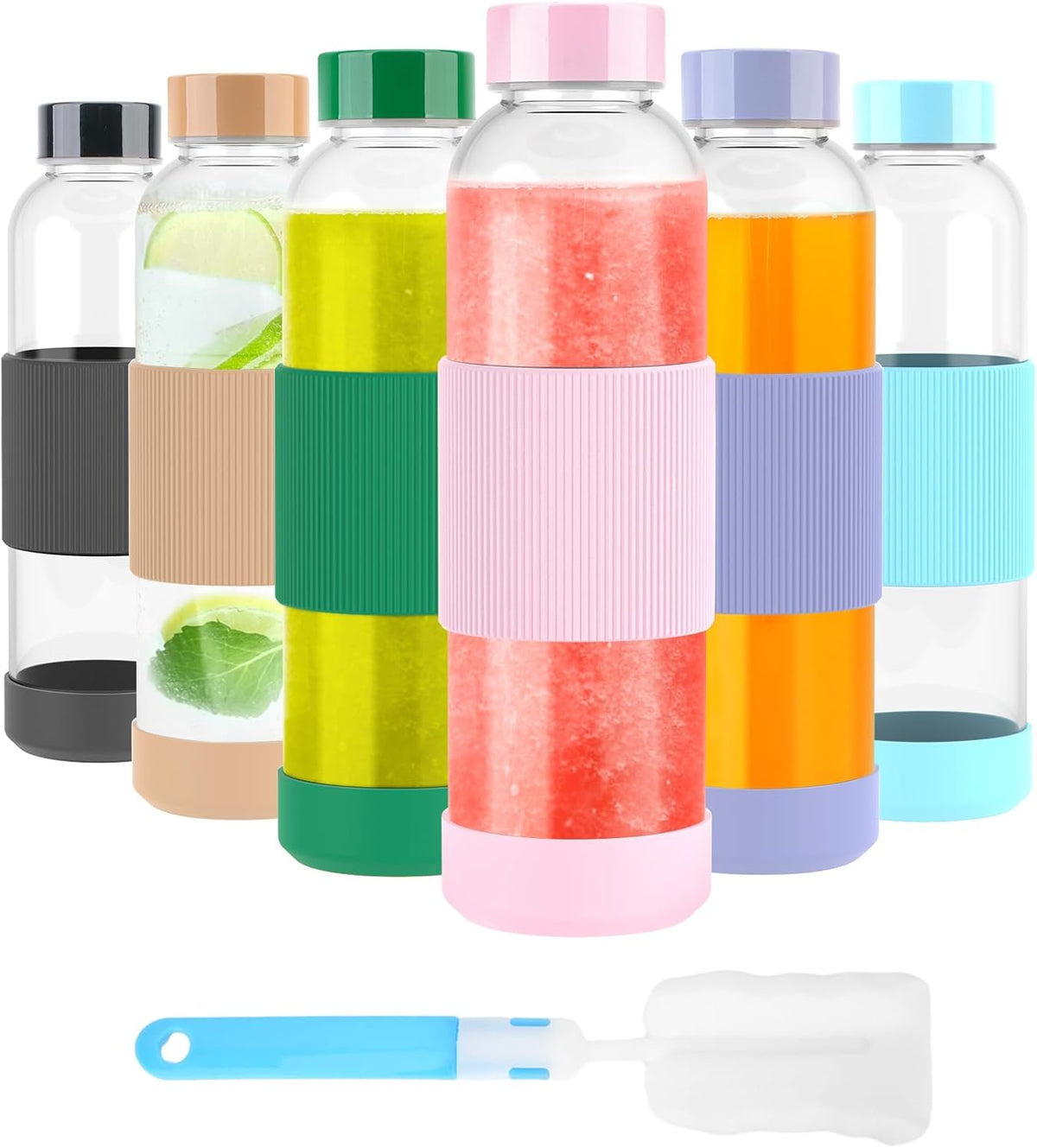 18 oz Clear Glass Juice Bottles with Lids and Silicone Sleeve, Reusable Glass Water Bottles with Stainless Steel Cap for Juicing, Refrigerator,100% Leak Proof, BPA Free, Set of 6