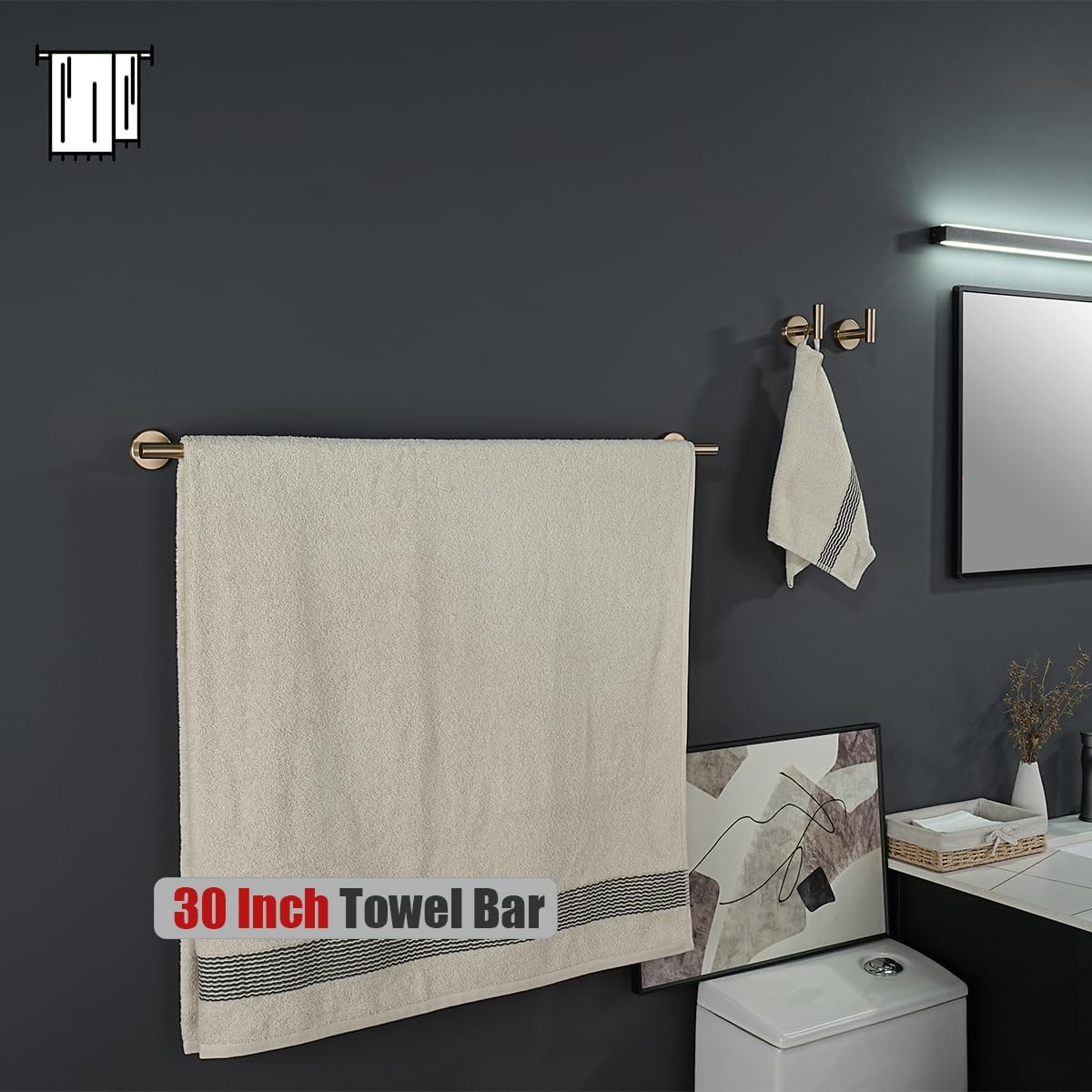 JQK Champagne Bronze Bath Towel Bar, 33 Inch 304 Stainless Steel Thicken 0.8mm Towel Rack Bathroom, Towel Holder Wall Mount, Useable Length 30 Inch, TB110L30-CB