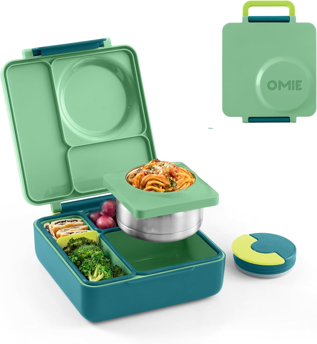 OmieBox Bento Box for Kids - Insulated Bento Lunch Box with Leak Proof Thermos Food Jar - 3 Compartments, Two Temperature Zones - (Meadow)