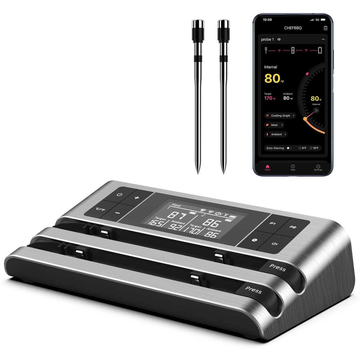 Wireless Smart Meat Thermometer with Dual-Sensor Probe, 500FT Remote Monitoring, Dedicated App, Real-Time Ambient and Food Temperature Tracking for Precise Cooking Control