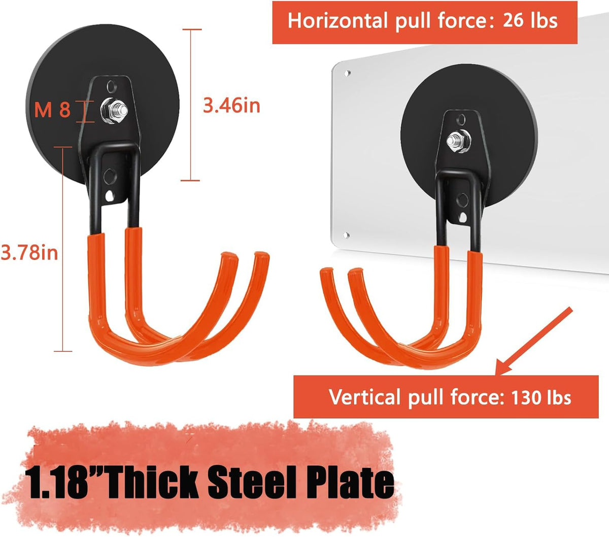 Large Heavy Duty Magnetic Garage Hooks,4 Pack Strong Magnet Hook for Power Drill,Garden Tools,Hose,Pegboard,Garage, Workshop,Magnetic Storage Hooks for Indoor Outdoor Hanging(Orange)