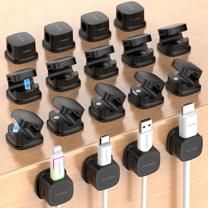 18 Pack Cable Management Cord Organizer,Magnetic Cable Clips-1s Lock,Rocoren Desk Adhesive Cord Cable Clip Wire Holder Keeper for Phone Charger Wire,Nightstand,Car,Office,Desktop Accessory,Black