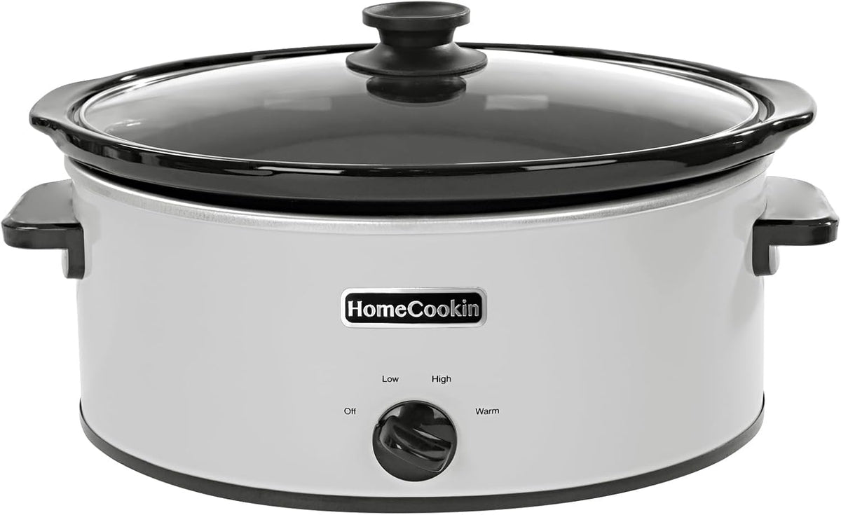 HOMECOOKIN 6 Quart Slow Cooker Oval Manual Pot Food Warmer with 3 Cooking Settings, White Stainless Steel