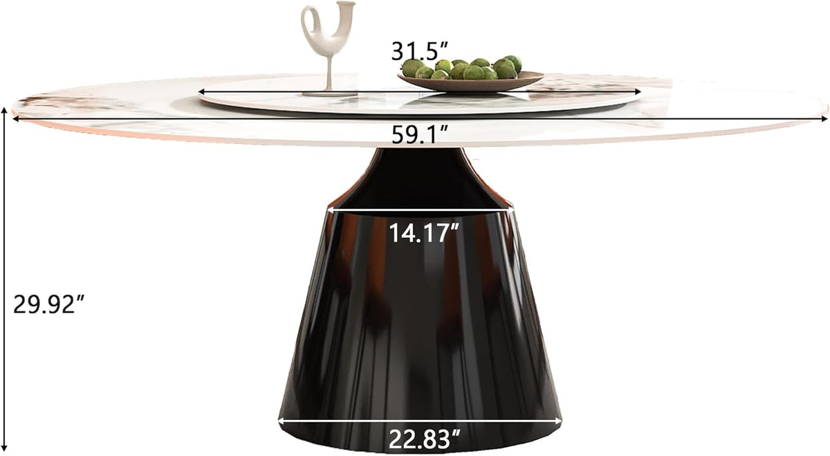 Montary 59" Modern Artificial Marble Round Dining Table with Black Stainless Steel Cone Base & 31.5" White Sintered Stone Turntable, Dining Room Table with Lazy Susan for 6-8 (Only Table)