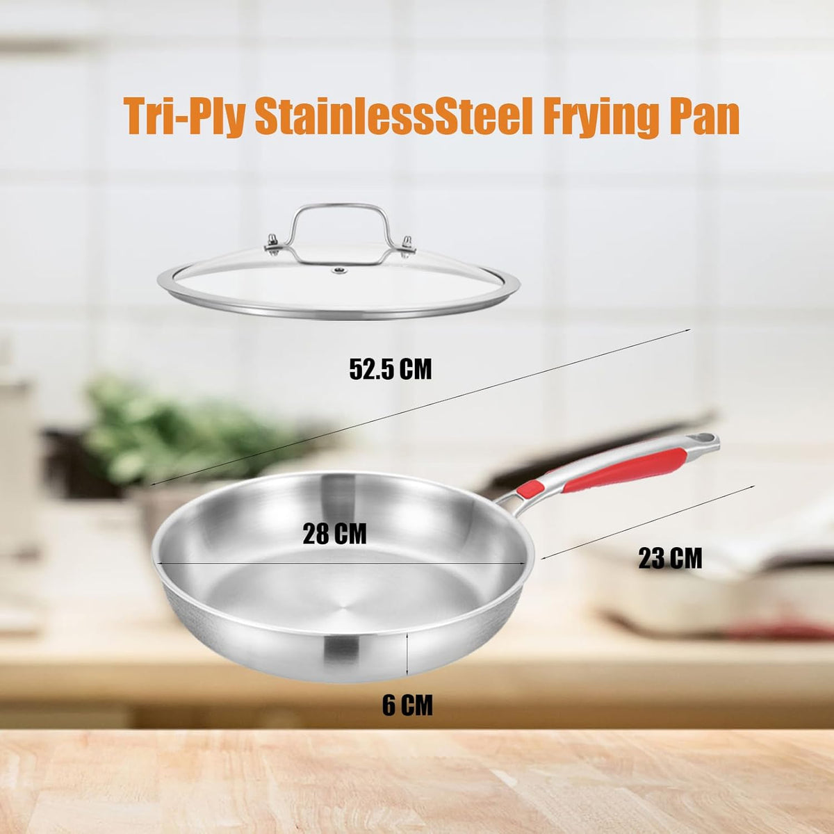 Inqibee 12 Inch Tri-Ply Stainless Steel Frying Pan with Lid,Skillet,Induction Cooking Pan,Dishwasher Safe,Detachable Large Handle