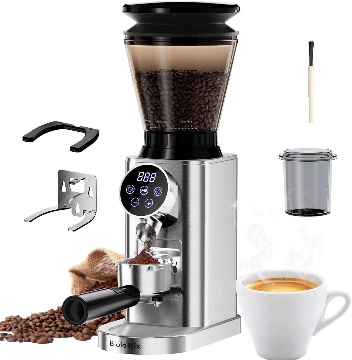 Biolomix Burr Coffee Grinder,Coffee Grinder, 48 Grind Settings and LED Control Panel,Digital Timer, Anti Static,Anti Clogging Coffee Bean Grinder,Grinds 2-12 Cups of Coffee, Black