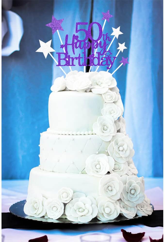 Glittery 50th Happy Birthday Cake Topper with Star,Personalised 50 Birthday Cake Toppers Party Decorations Party Supplies for Men Women Purple Silver