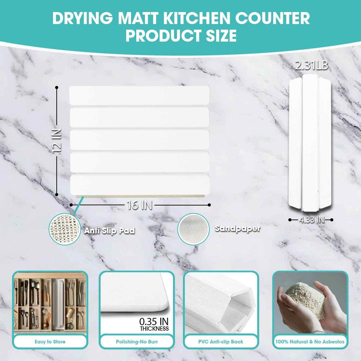 Dish Drying Mat Stone Bath Mat Diatomaceous Earth Stone Drying Mat For Kitchen Counter Sink Bath Mat Quick Dry Non Slip Foldable Dish Drying Rack Mat Small(16"×12" White)