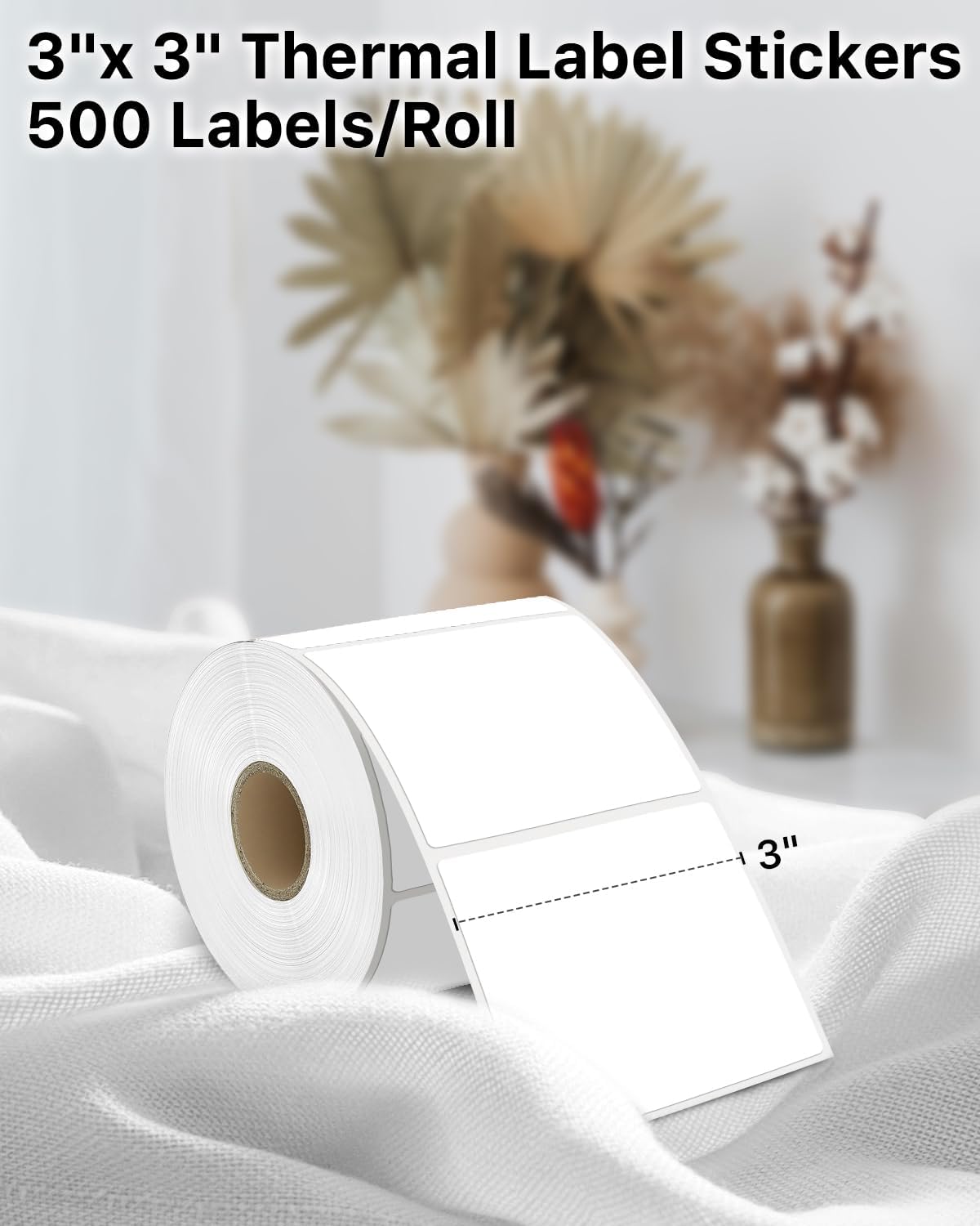 iEager White Square Thermal Label Stickers, 3" x 3" Self-Adhesive Square Direct Thermal Labels with Perforation Line, 500 Sheets/Roll